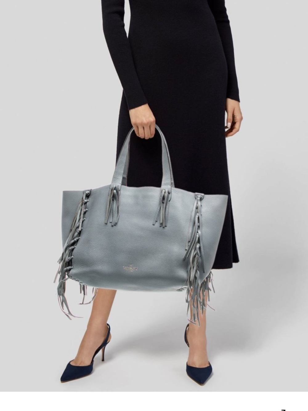 Valentino Light Blue Gray Grained Calf Leather Fringe C-Rockee Bag Tote - Picture 2 of 10